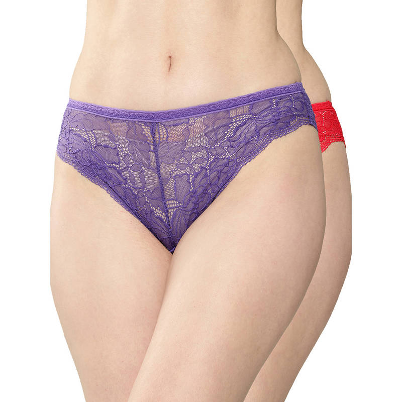 Leading Lady Women Solid Nylon Mid Rise Bikini Lace Brief (Pack Of 2)
