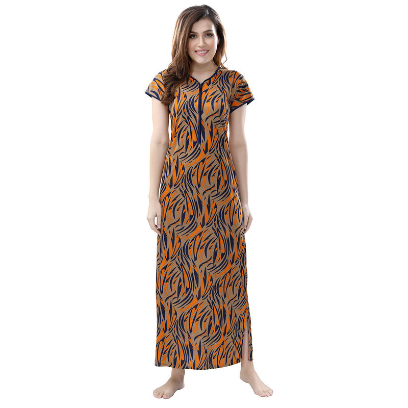 PIU Women's Sarina Printed Zipper Nighty Gown - Orange (L)