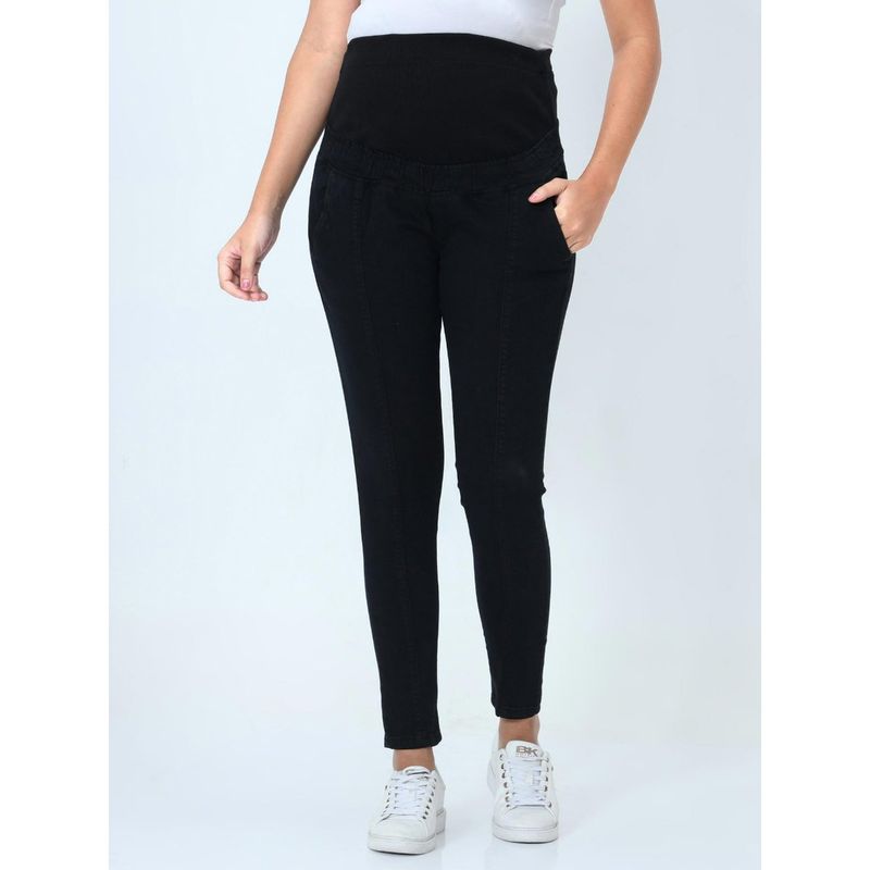 The Mom Store Elasticated Waist Paneled Maternity Denims with Belly Support-Black (XL)