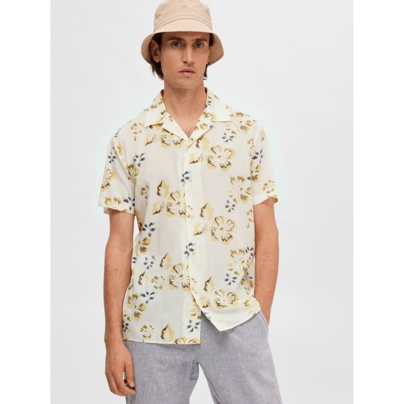 Selected Floral Printed Casual White Shirt (2XL)