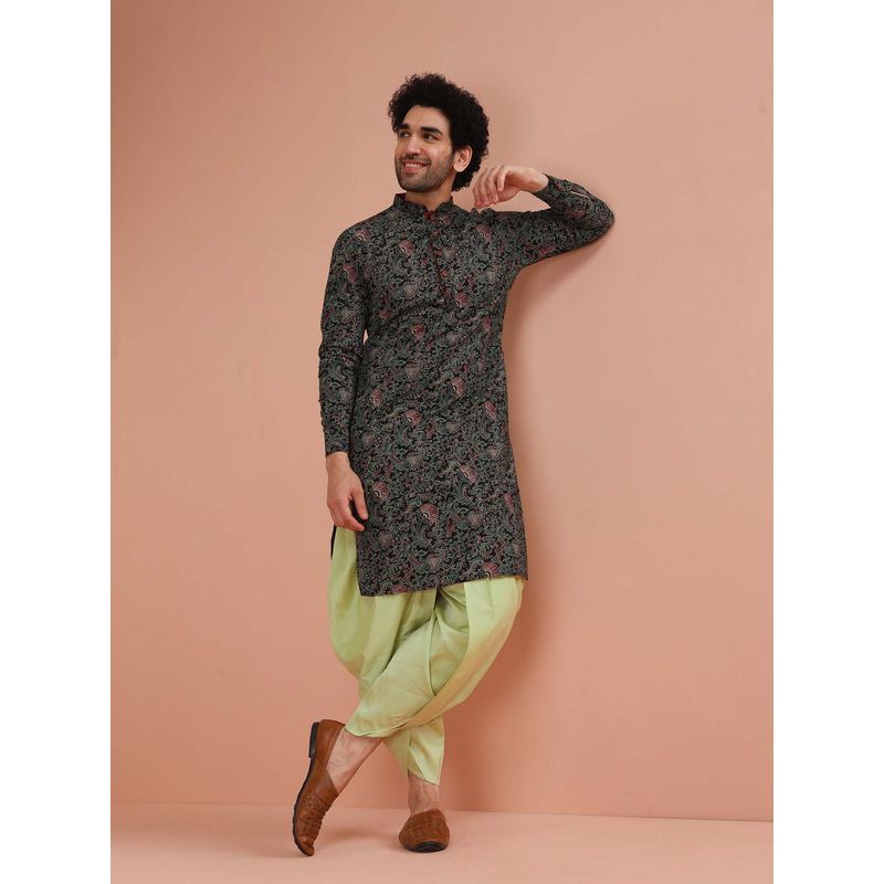 KISAH Men Printed Cotton Blend Kurta and Dhoti -Black (38)