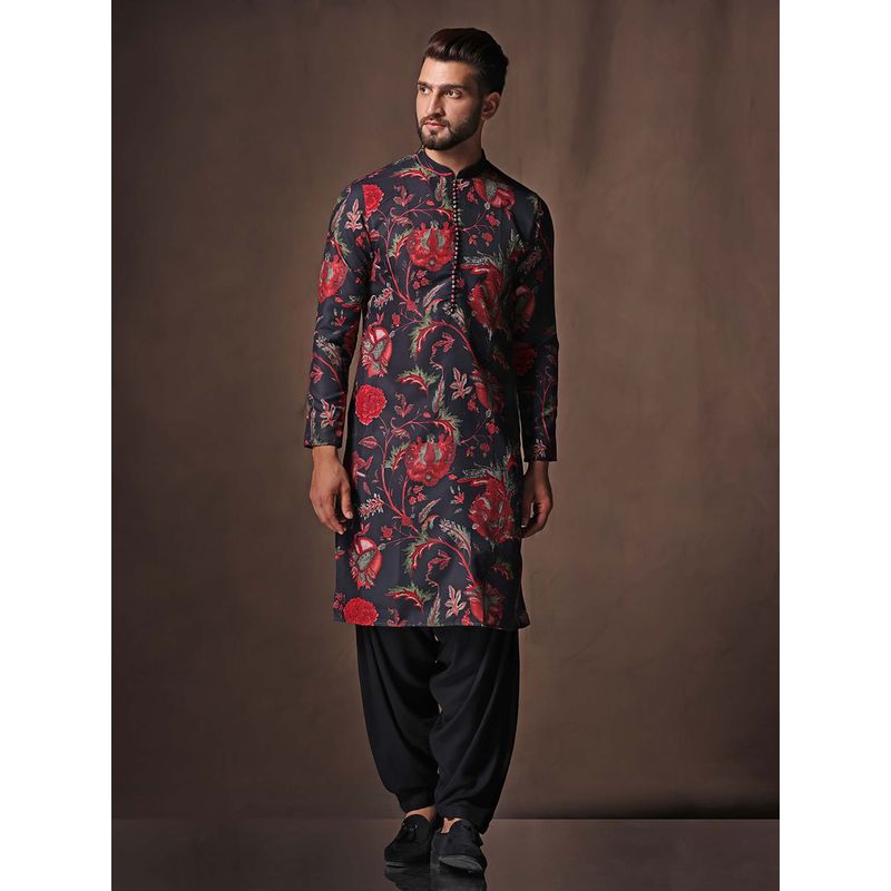 KISAH Men Printed Cotton Blend Kurta and Dhoti-Black (42)