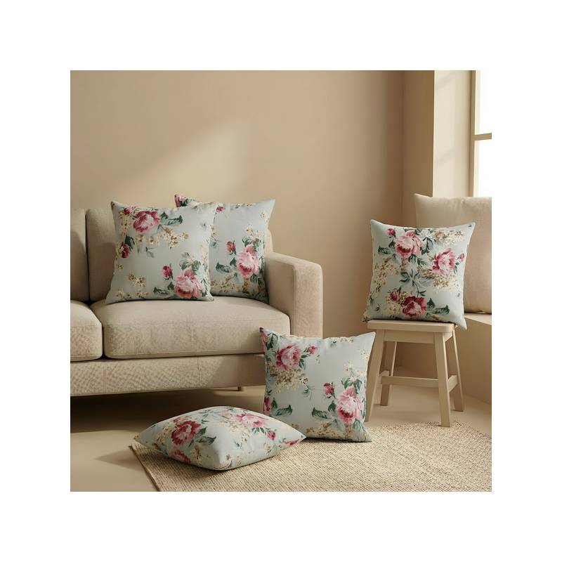 The Home Story Vintage Rose Light Green Cotton Cushion Covers (Pack of 5) (12x12)
