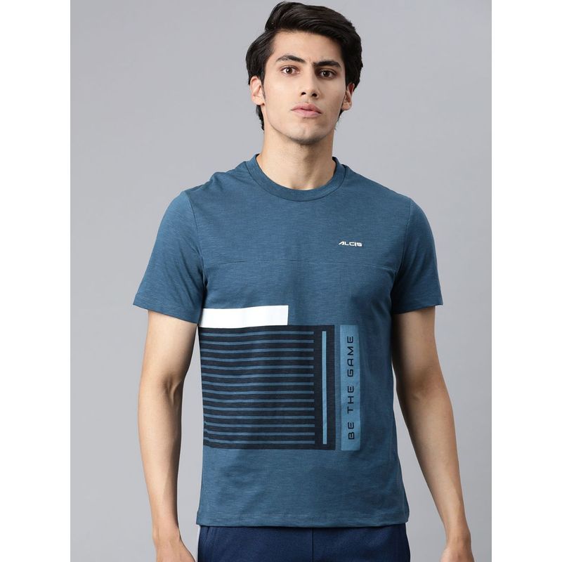 Alcis Men Teal Blue Printed Slim Fit T-shirt (L)