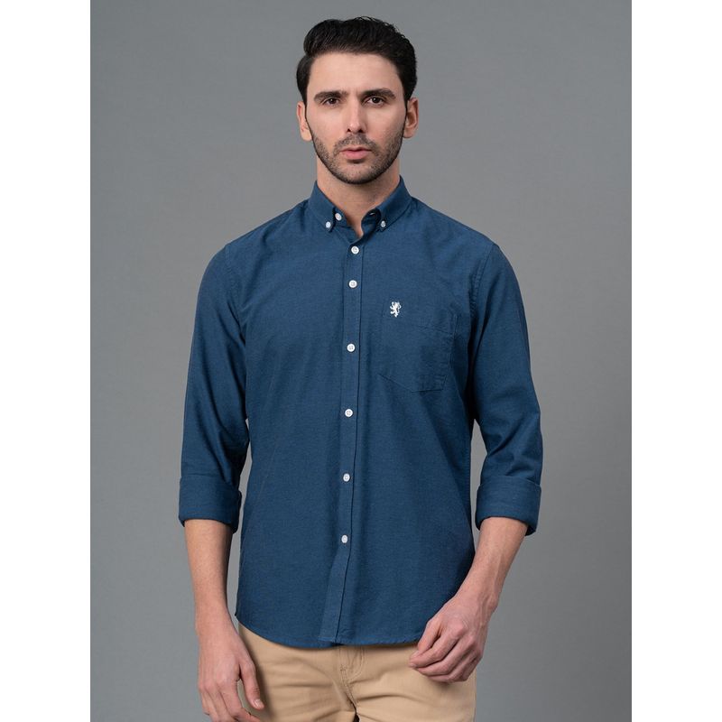 Red Tape Navy Solid Cotton Full Sleeve Men Shirt (L)