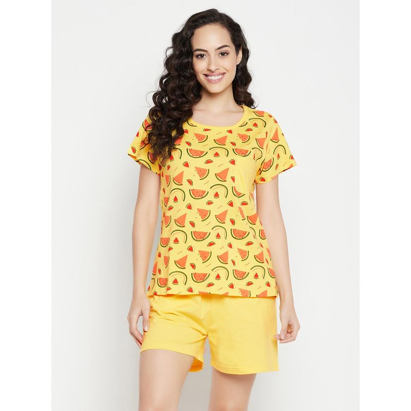 Clovia Watermelon Print Top & Shorts- 100 percent Cotton-Yellow Yellow (Set of 2) (L)
