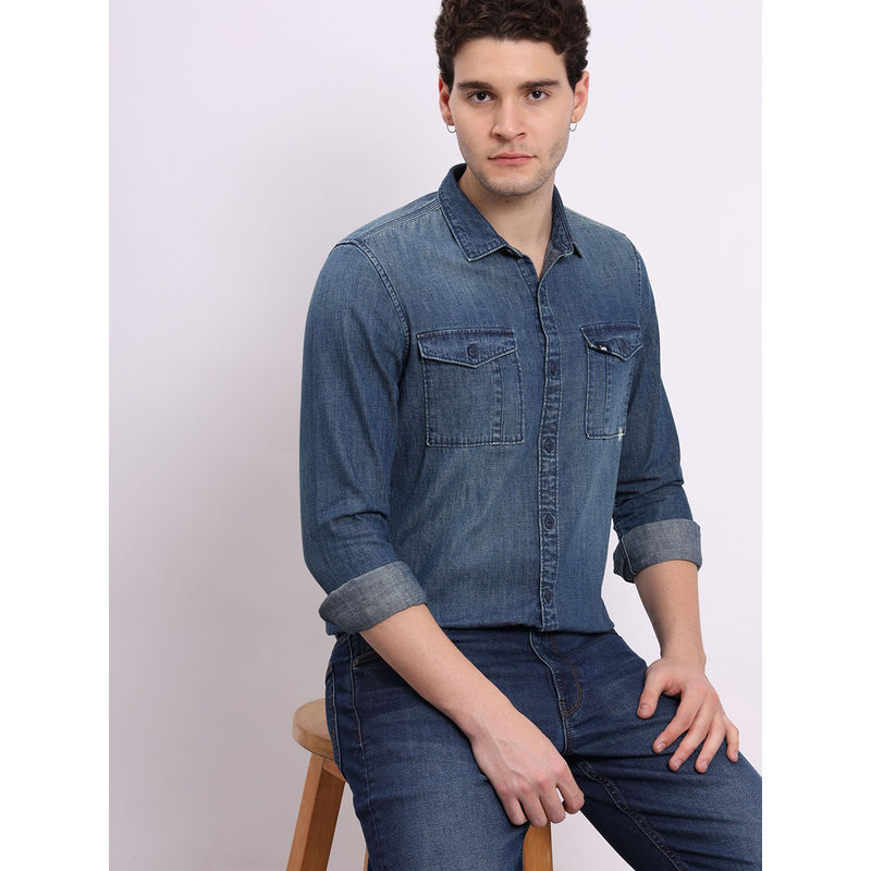 Lee Men Solid Blue Slim Fit Shirt (2XL)