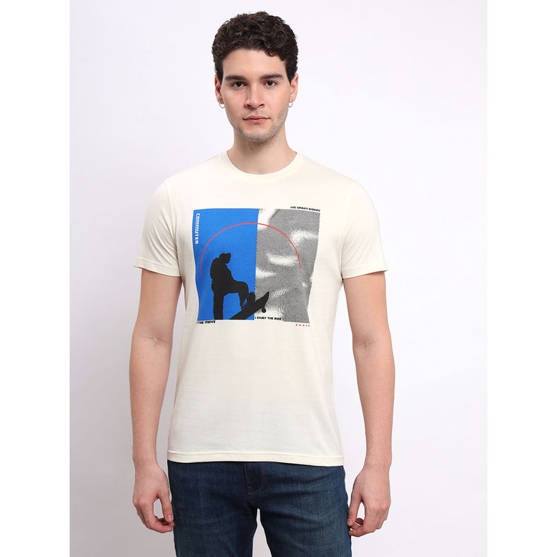 Lee Men Graphic Print Beige Crew Neck Slim Fit T-Shirt (L)