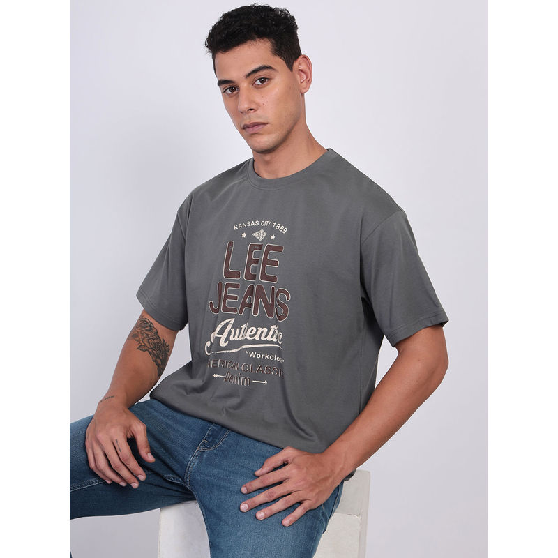 Lee Men Graphic Print Grey Crew Neck Oversized T-Shirt (XL)