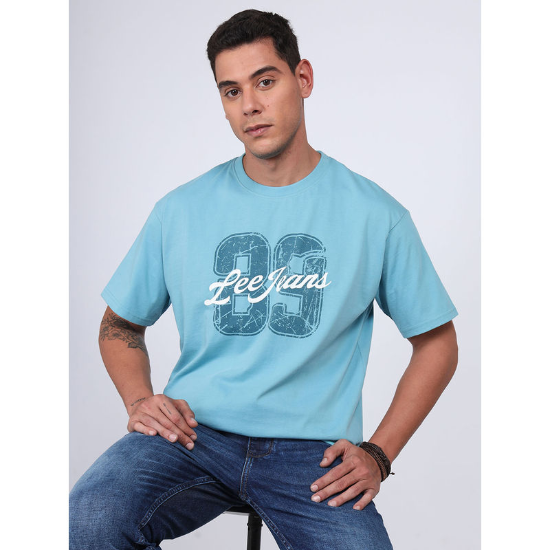 Lee Men Graphic Print Blue Crew Neck Oversized T-Shirt (XL)