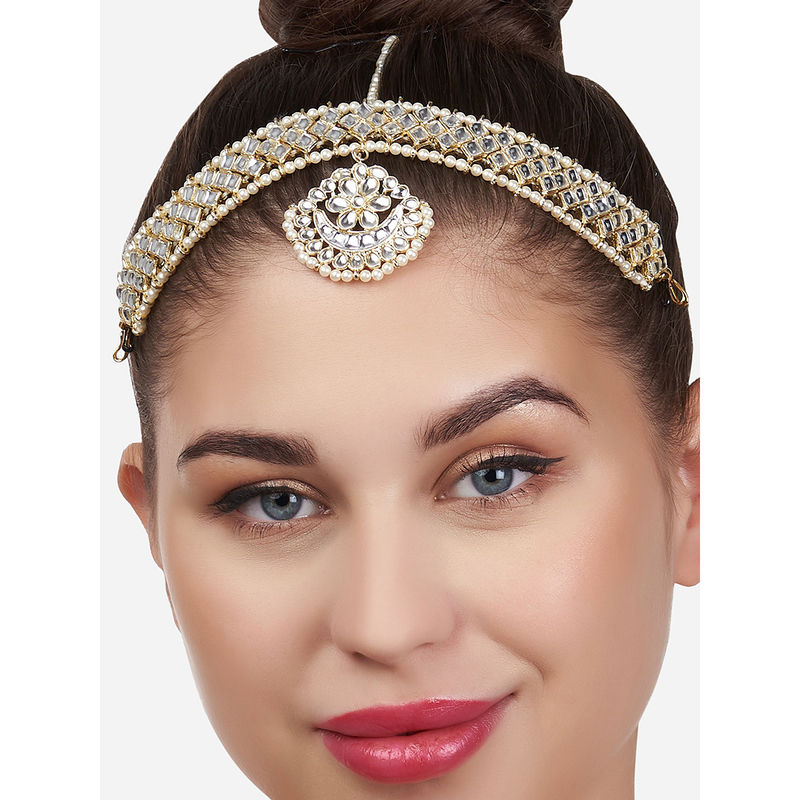 Jwellmart Indian Bridal Matha Patti & Maang Tikka Set – CZ Kundan & Faux Pearl Hair Jewelry For Women & Girls