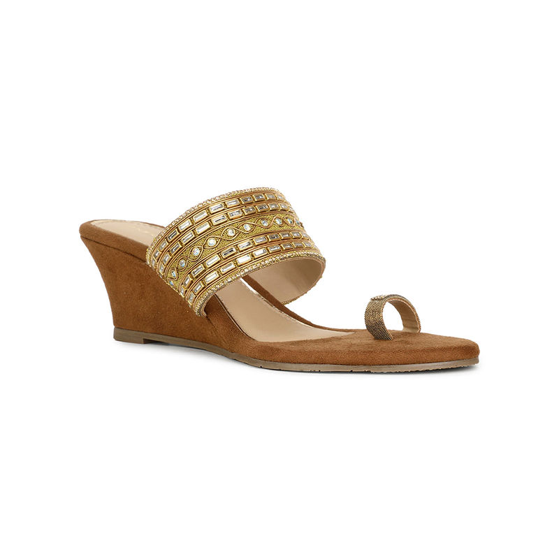 Marie Claire Women Slip-On Embellished Wedges- Gold (UK 4)