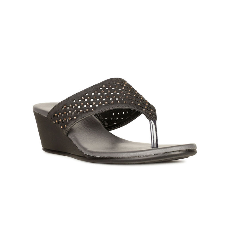 Bata Women Slip-On Self- Design Wedge Heels- Black (UK 4)