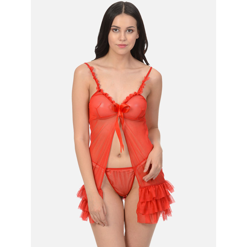 Mod & Shy Hot Red Sexy Mesh Net Nightwear Baby doll Dress With G-String (M)
