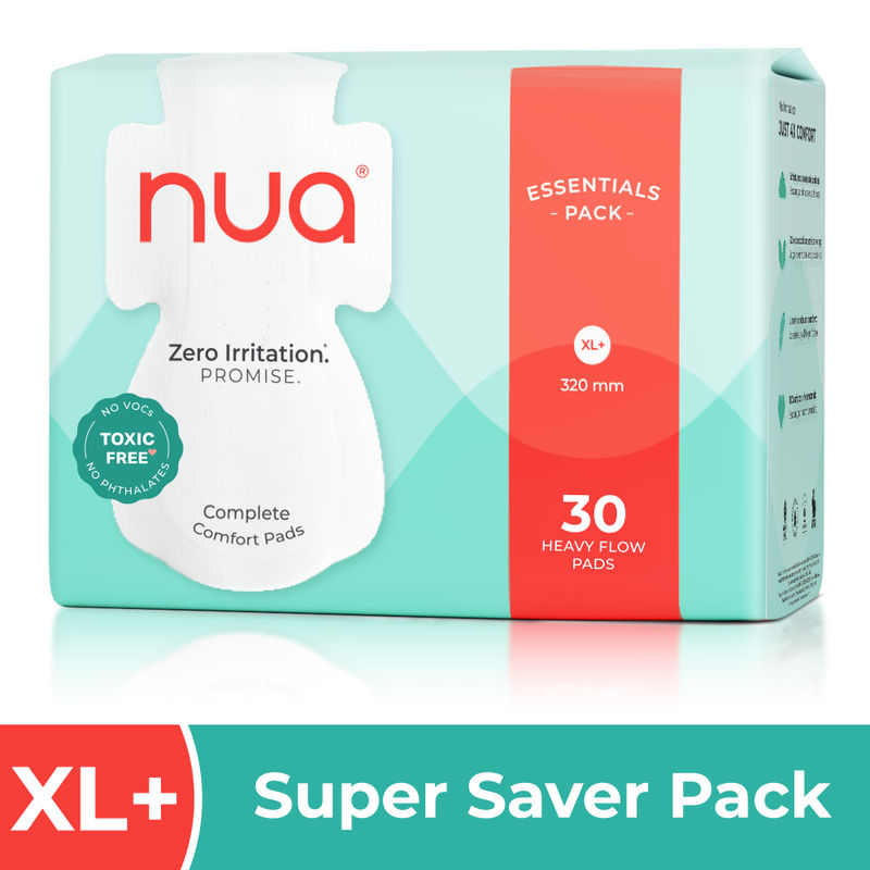 Nua Complete Comfort Pads Zero Irritation Promise Essentials Pack Super Saver 4x Comfort 100% Toxic-free Heavy FLow