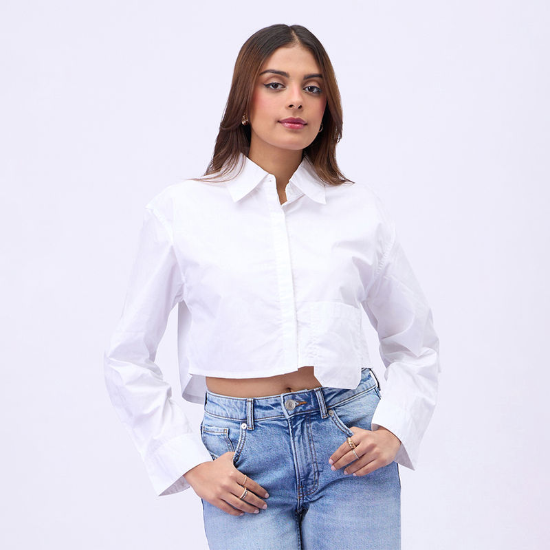 MIXT by Nykaa Fashion White Solid Full Sleeves Asymmetric Pocket Crop Shirt (XS)