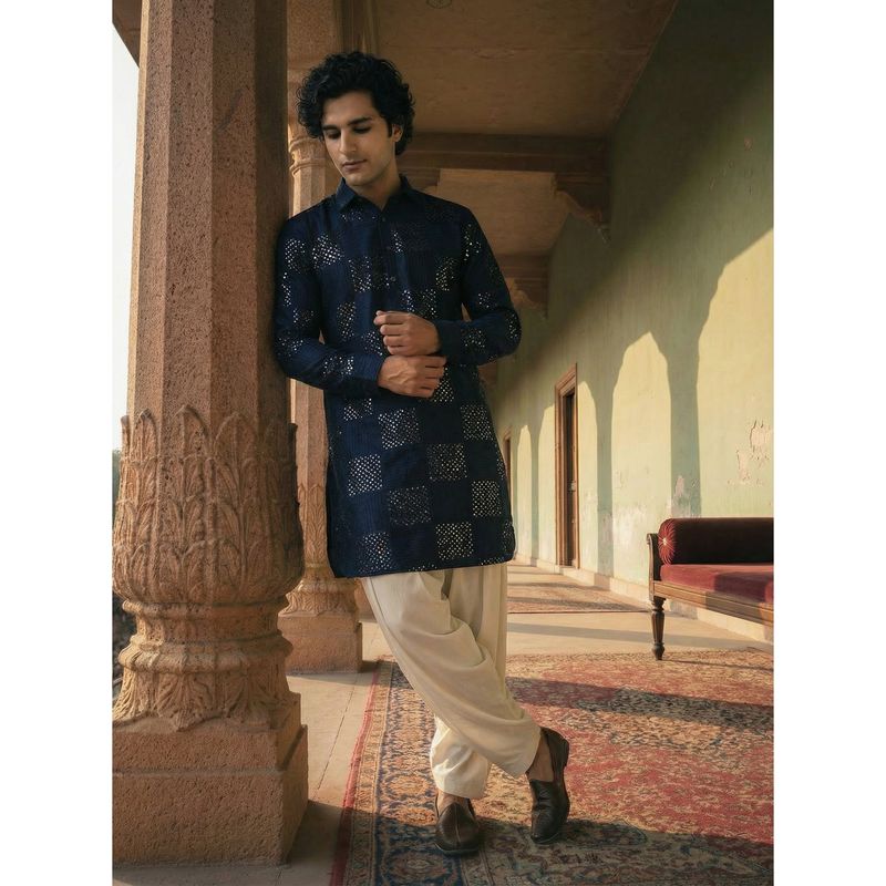 KISAH Blue Silk Blend Textured Embroidered Pathani Kurta and Salwar (38)