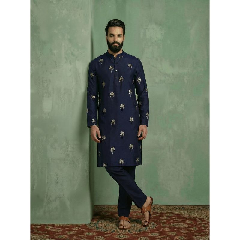 KISAH Navy Blue Polyrayon Gold Printed Kurta and Trouser (38)