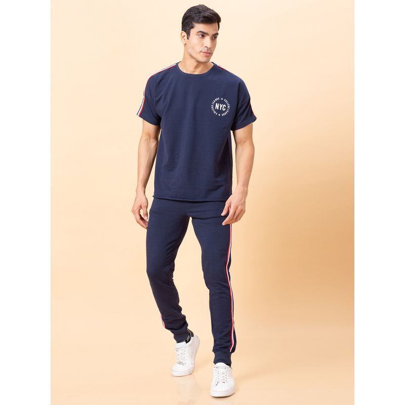 Globus Men Navy Solid Cotton Sports Co Ords with T Shirt and Jogger (Set of 2) (S)