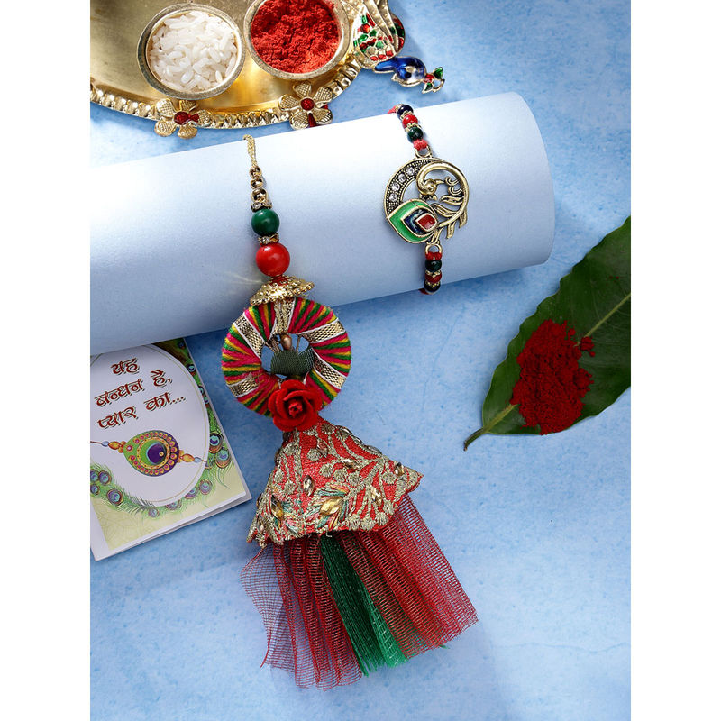 KARTIK 6-Piece Fabric Rakhi Set With Roli & Chawal - Multicolour Design For Bhaiya And Bhabhi - View #2