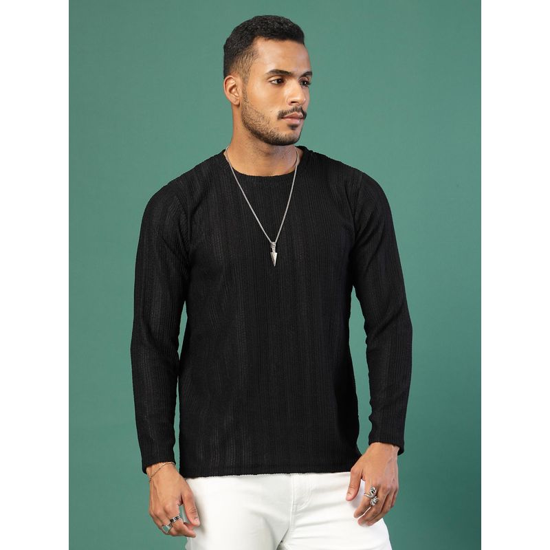 RIGO Men Black Textured Cable Knit T-Shirt (S)