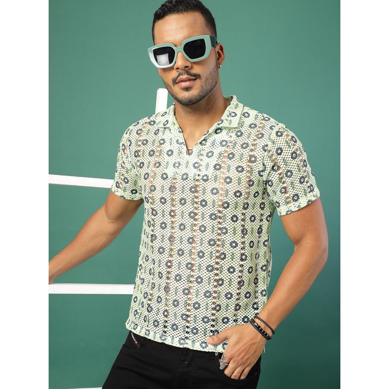 RIGO Men Green Floral Crochet Polo T-Shirt (S)