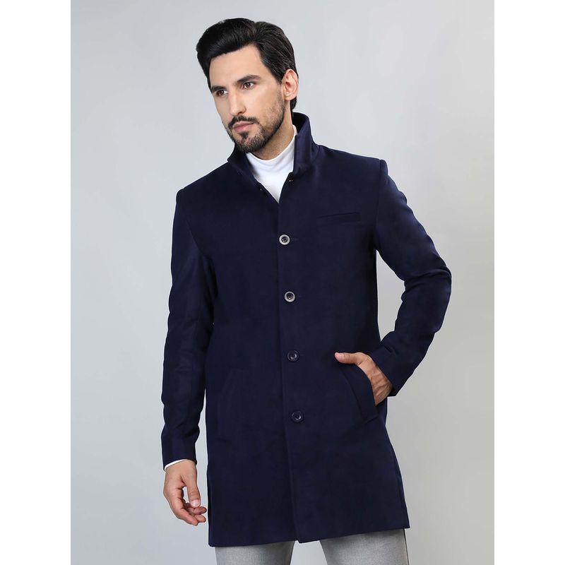 HONNETE Navy Solid Casual Longline Trench Coat (S)