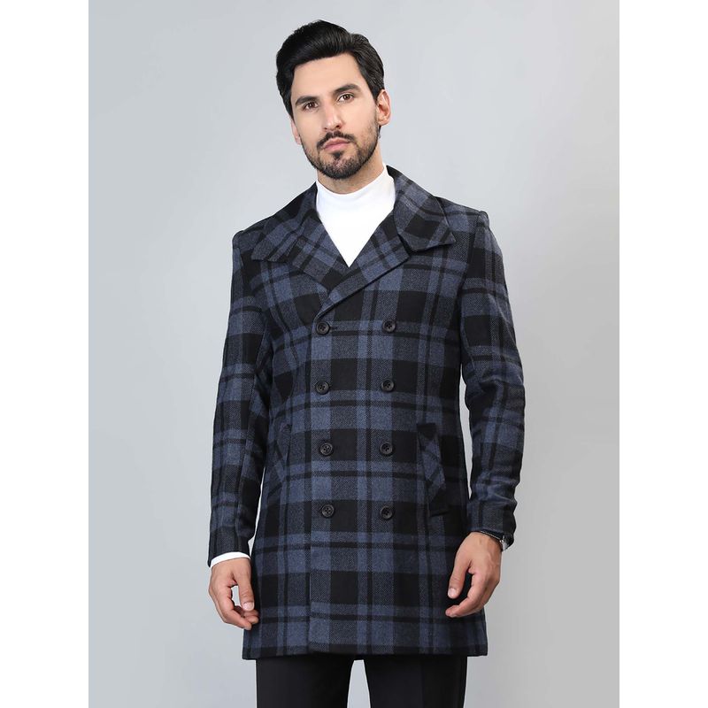 HONNETE Blue Check Solid Casual Longline Pea Coat (S)