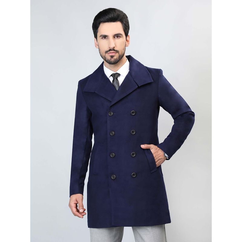 HONNETE Navy Solid Casual Longline Pea Coat (S)