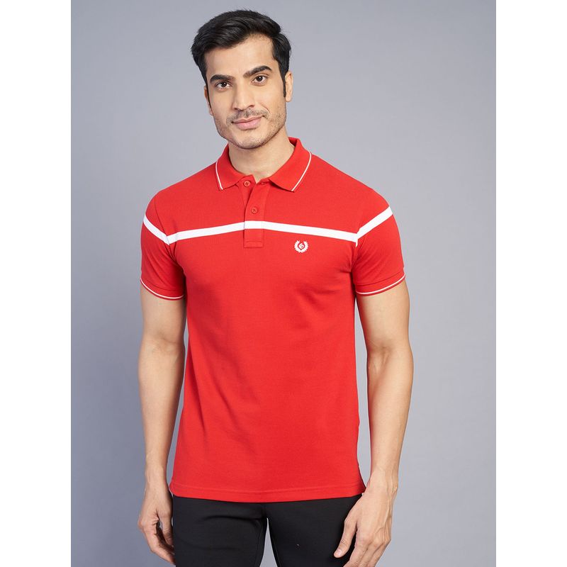 Greenfibre Slim Fit Striped Red Cotton Blend Polo T-Shirt (38)