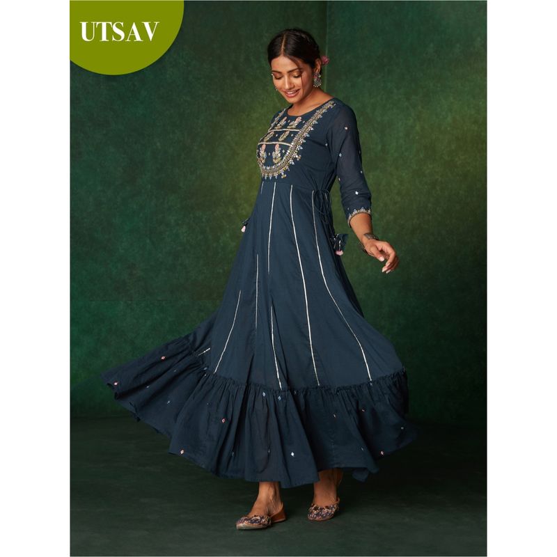 Likha Bidri Rama Blue Floral Mirror Embroidered Tiered Dress LIKDRS36 (2XL)