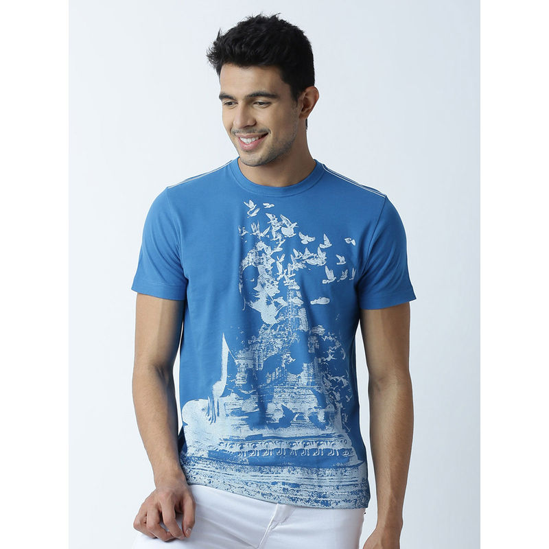 Huetrap Mens Printed Round Neck Blue T-Shirt (M)