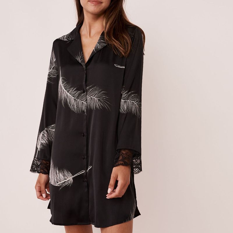 La Vie En Rose Sleepshirt Long Sleeve Satin&lace Black Color Buy La