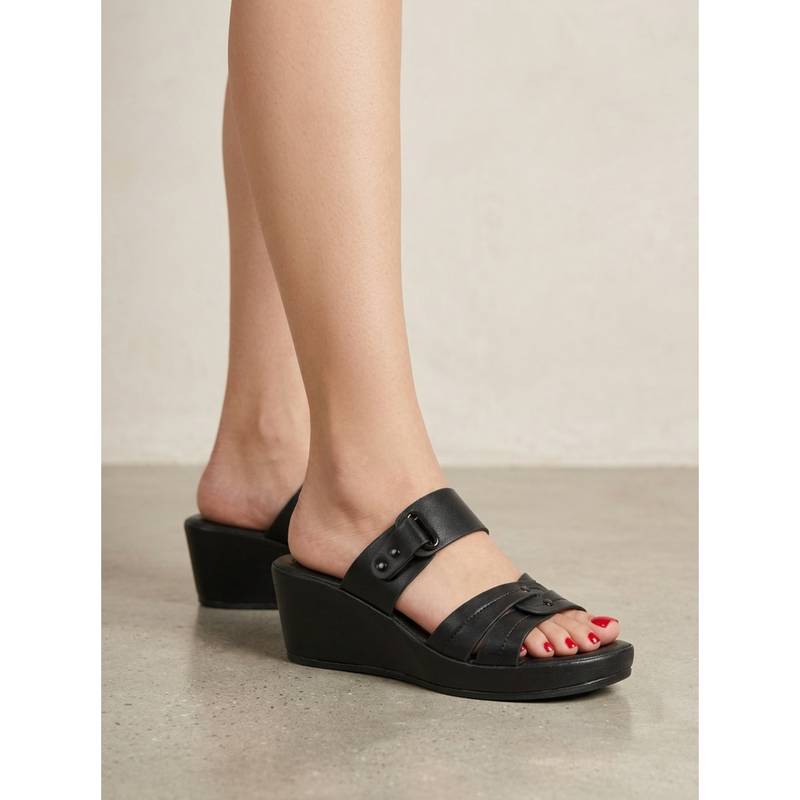 Carlton London Women Black Double-Strap Slip-On Wedges Heels (EURO 40)