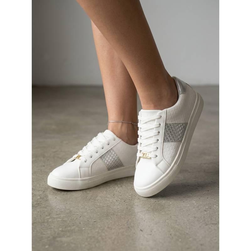 Carlton London Women White Silver Low-Top Sneakers with Metallic Snake-Embossed Accent (EURO 37)