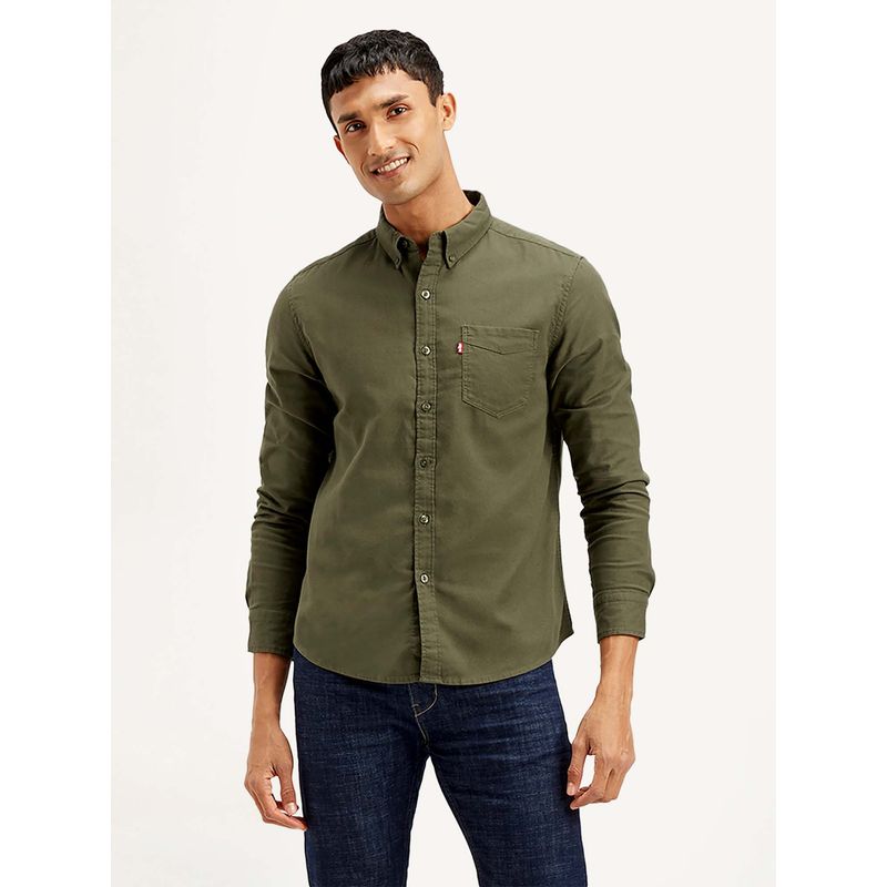 Levi's Olive Men's Solid Slim Fit Shirt (L)