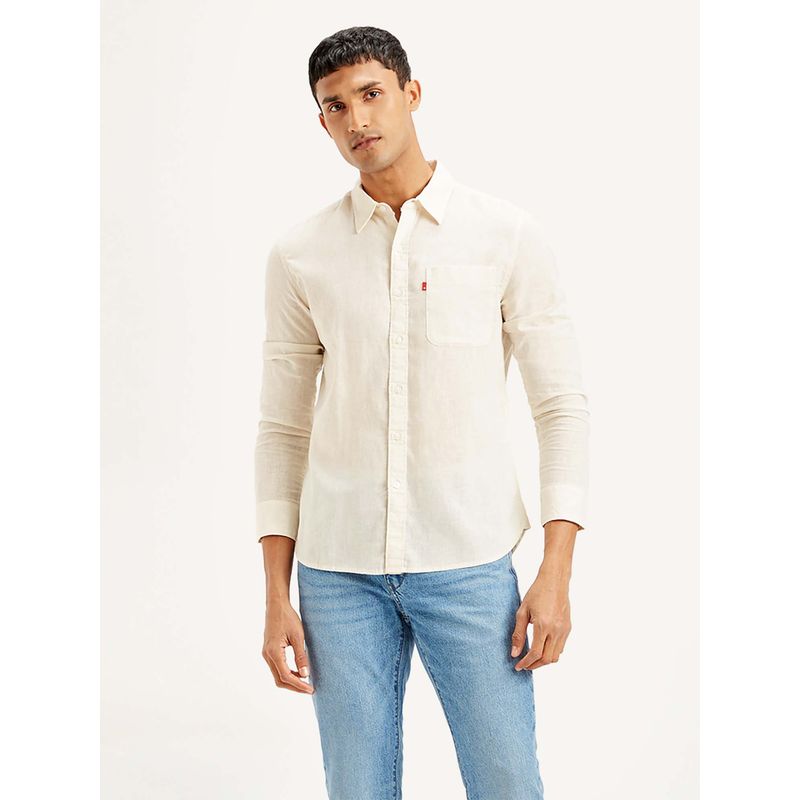 Levi's Cream Men's Solid Slim Fit Shirt (L)