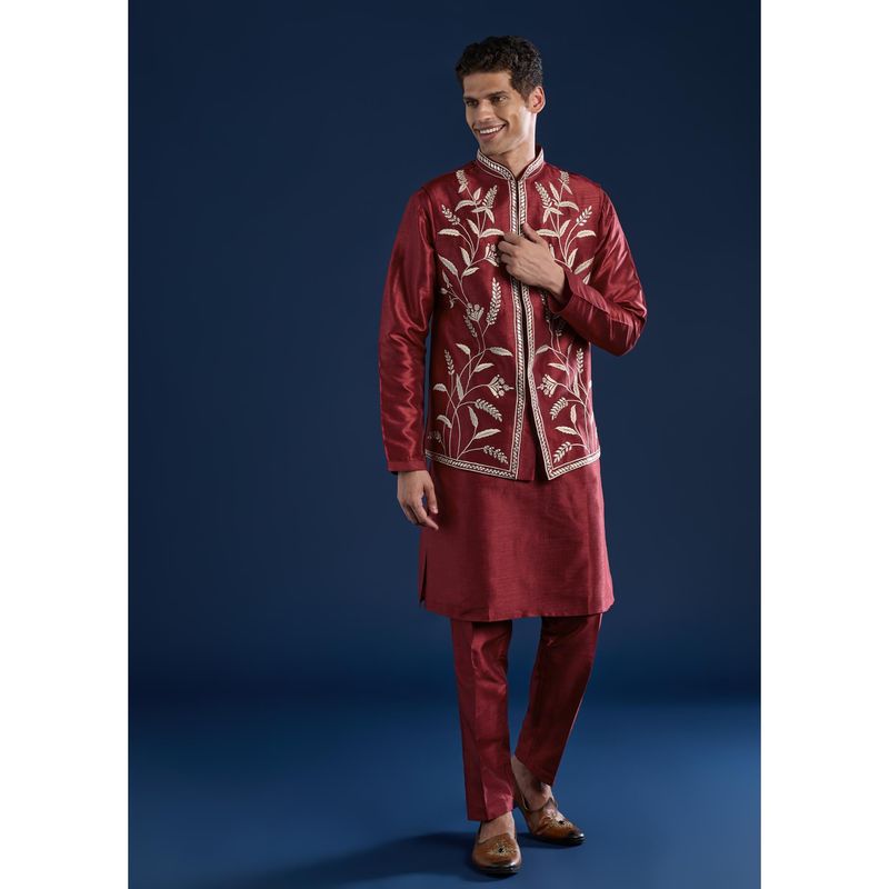 KALKI FASHION Men Red Silk Mirror Work Mandarin Neck Jacket and Kurta with Pant (M)