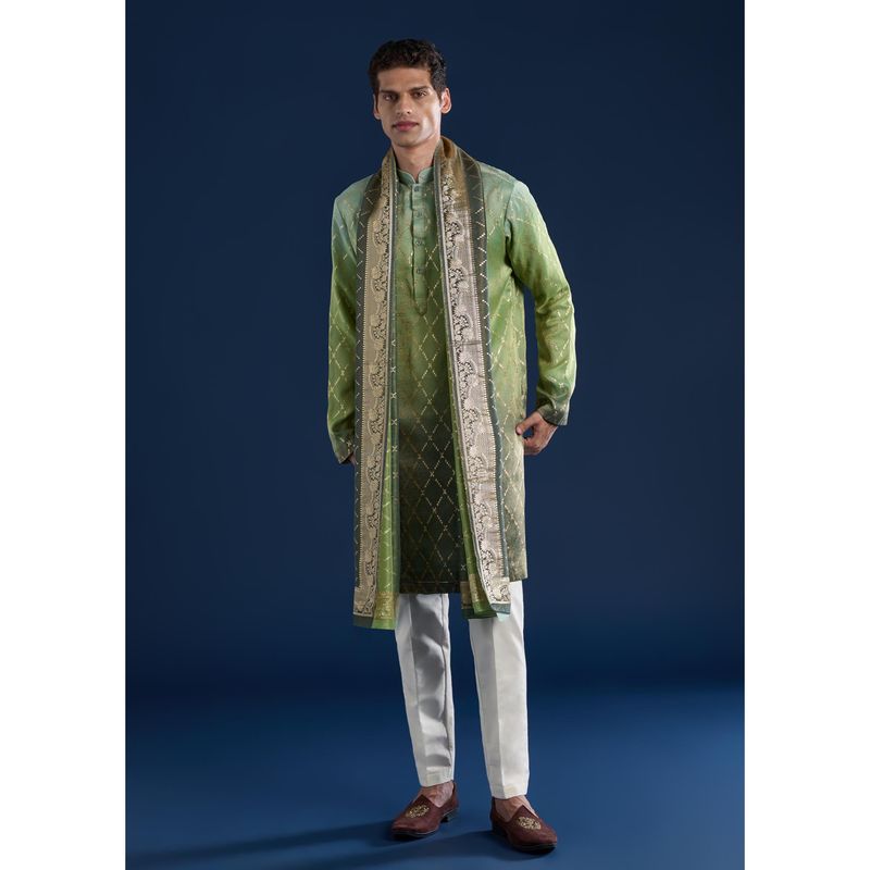 KALKI FASHION Men Green Silk Self Design Mandarin Neck Kurta and Dupatta with Pant (2XL)