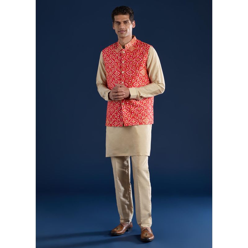 KALKI FASHION Men Red Silk Printed Mandarin Neck Jacket and Kurta with Pant (L)