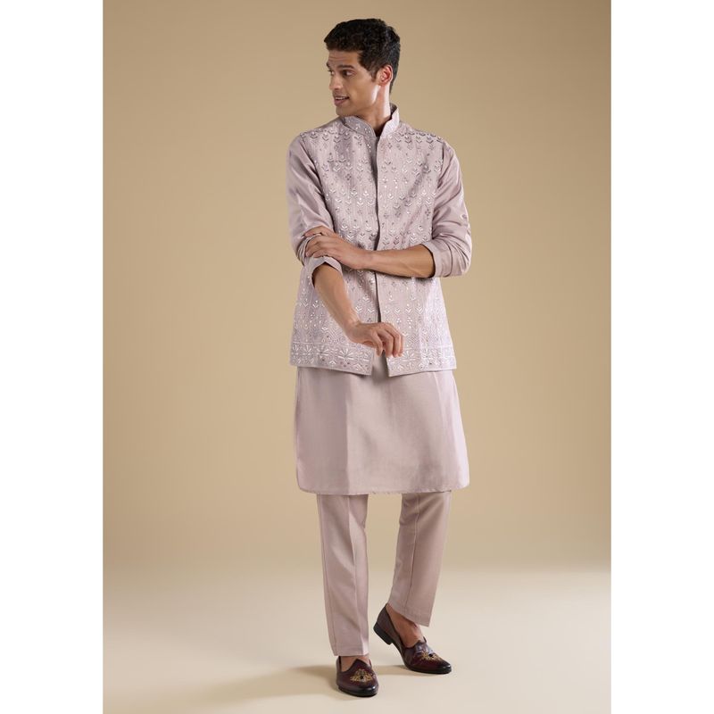 KALKI FASHION Men Mauve Silk Mirror Work Mandarin Neck Jacket and Kurta with Pant (XL)