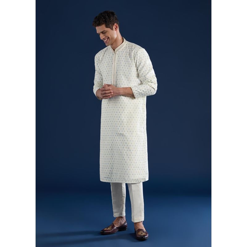 KALKI FASHION Men White Jacquard Textured Mandarin Neck Kurta with Pant (M)