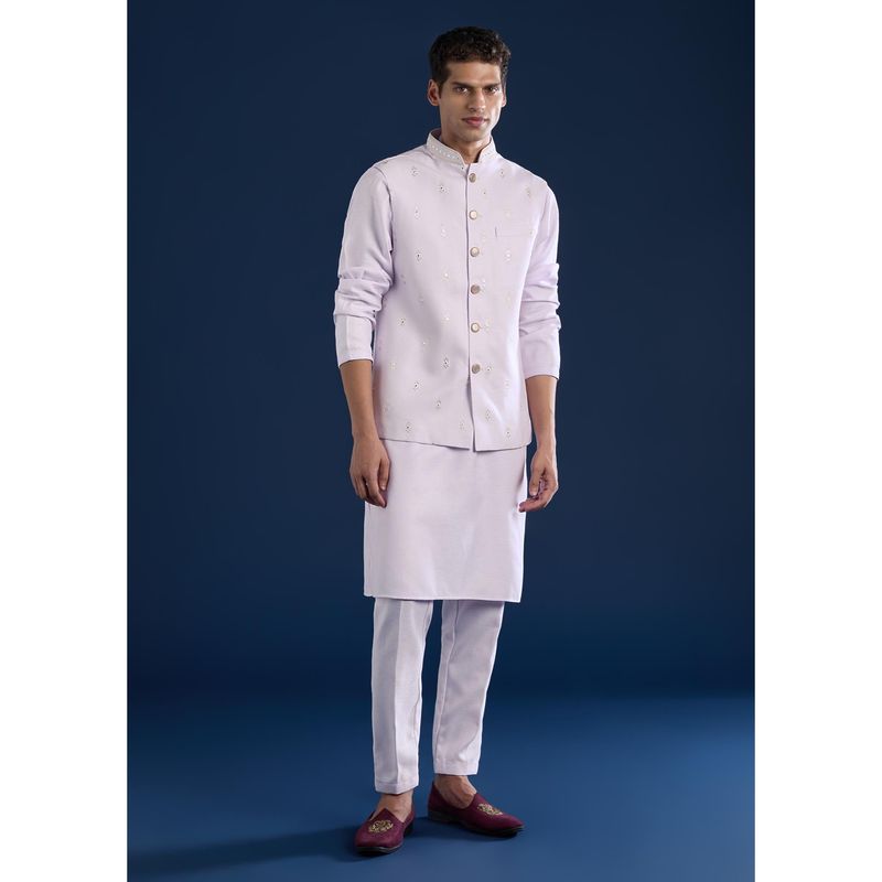 KALKI FASHION Men Mauve Silk Mirror Work Mandarin Neck Jacket and Kurta with Pant (L)