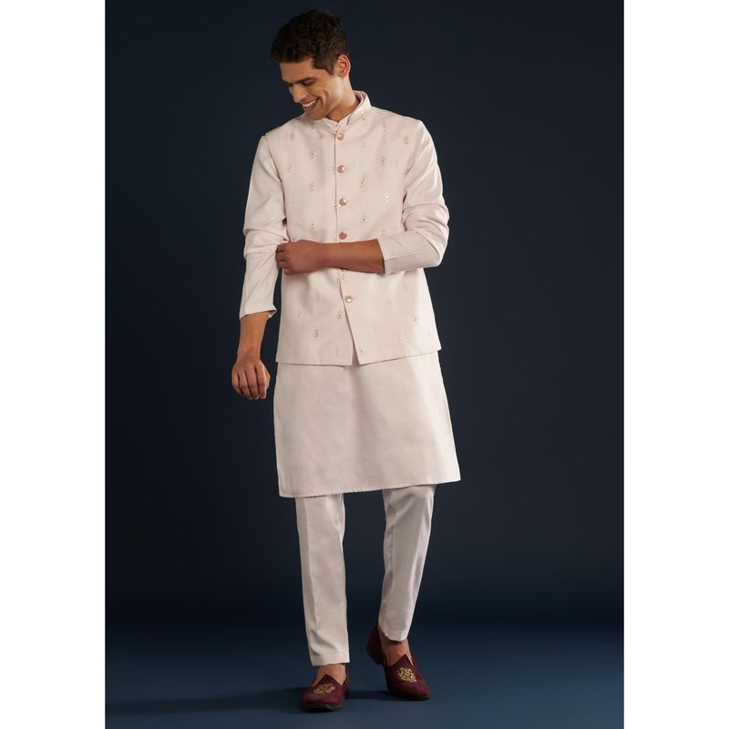 KALKI FASHION Men Pink Silk Self Design Mandarin Neck Jacket and Kurta with Pant (L)