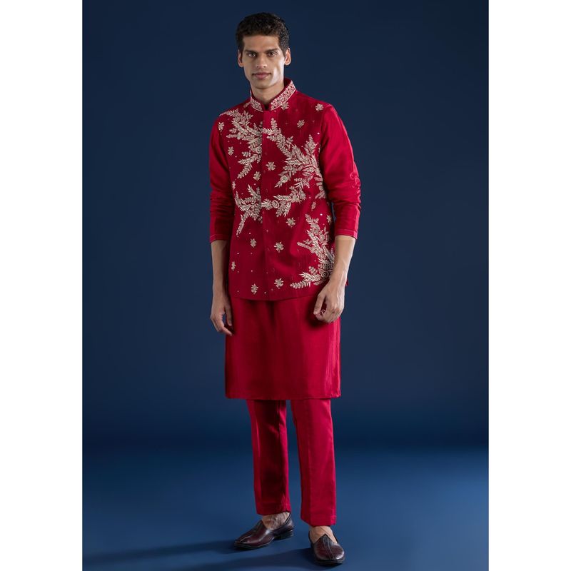 KALKI FASHION Men Red Silk Mirror Work Mandarin Neck Jacket and Kurta with Pant (M)