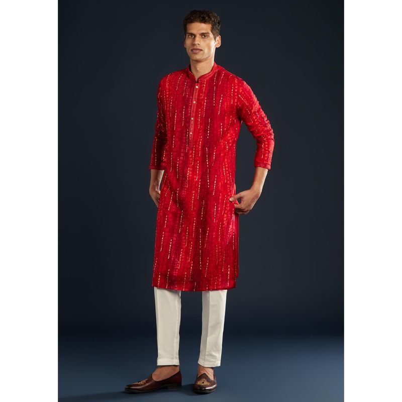KALKI FASHION Men Red Silk Self Design Mandarin Neck Kurta with Pant (M)