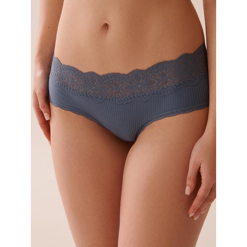 La Vie En Rose Lace Trim Ribbed Hip Hugger Panty Blue (S)