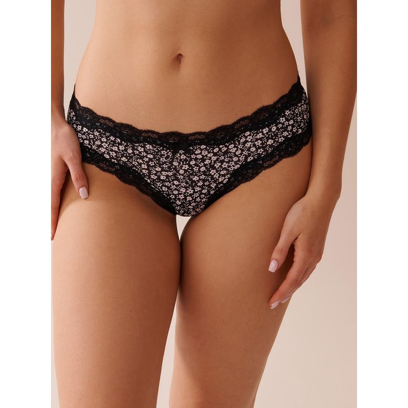 La Vie En Rose Microfiber And Lace Trim Cheeky Panty Black (S)