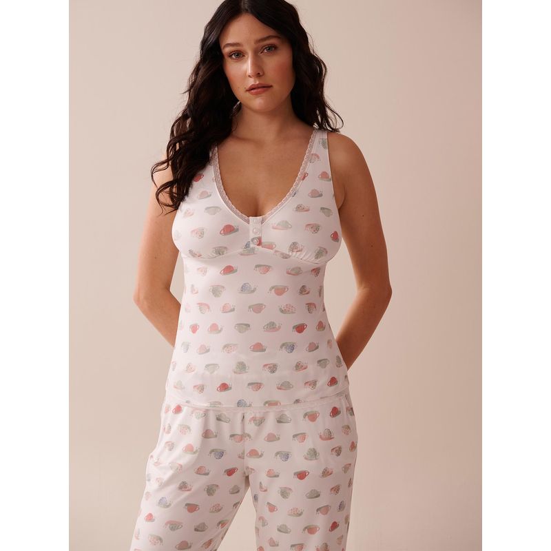 La Vie En Rose Snail Print Lace Trim Super Soft Cami White (S)