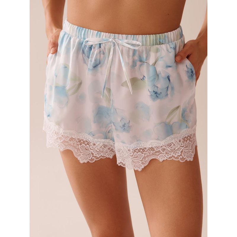 La Vie En Rose Blue Rose Print Satin and Lace Shorts (S)